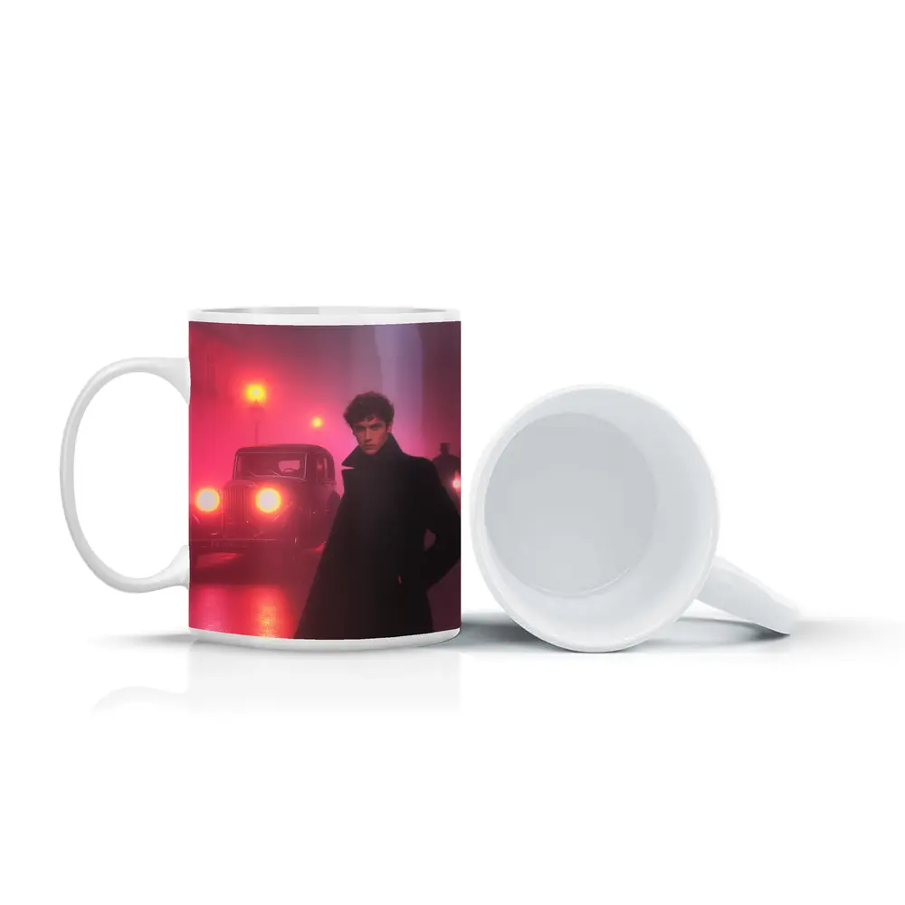 Young Man Foggy Noir City Street Night – Mugs