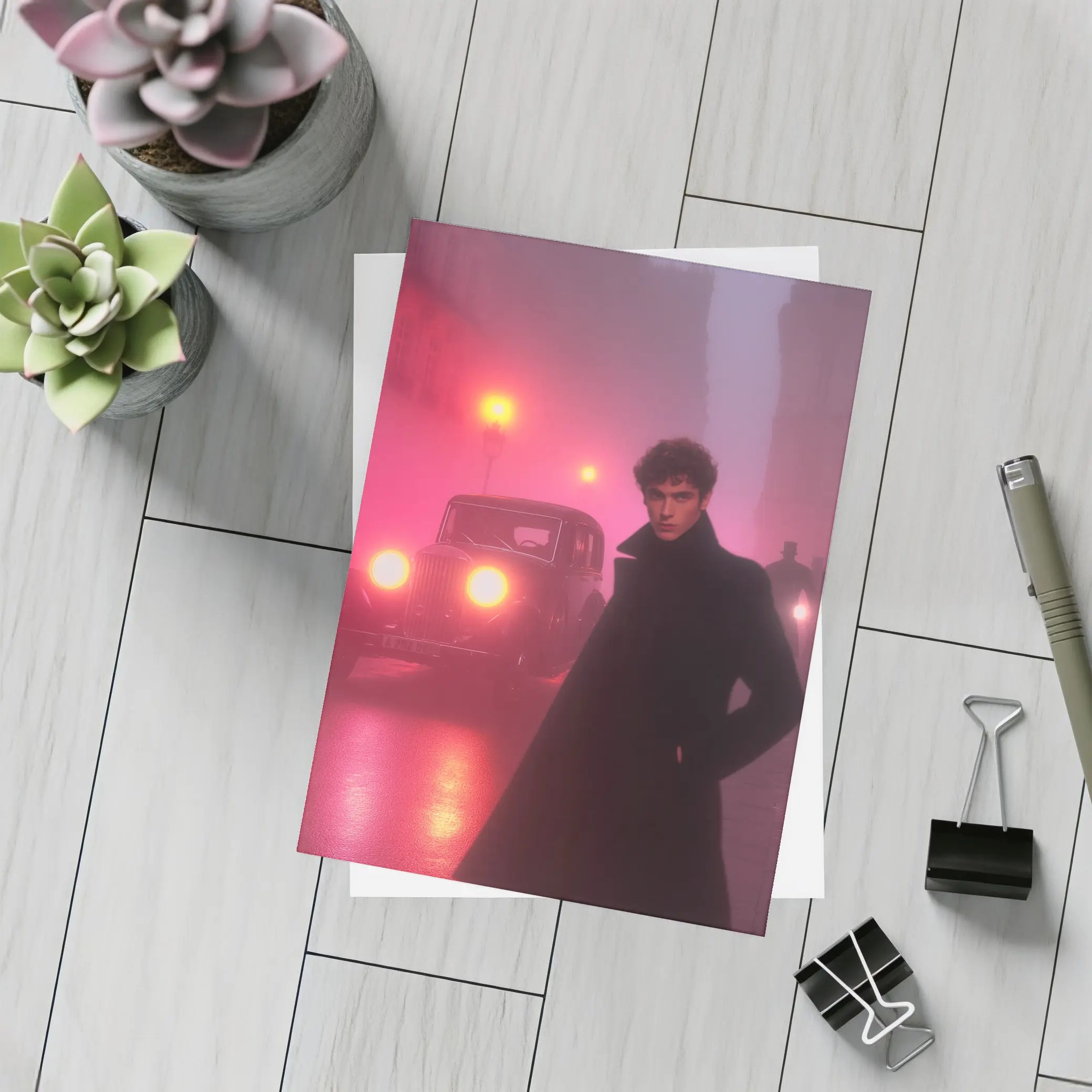 Young Man Foggy Noir City Street Night – Postcards