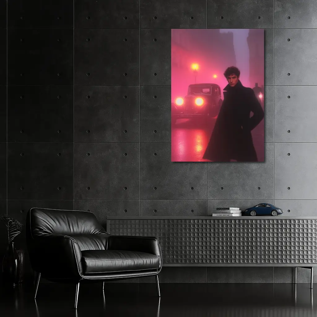 Young Man Foggy Noir City Street Night – Wall Art