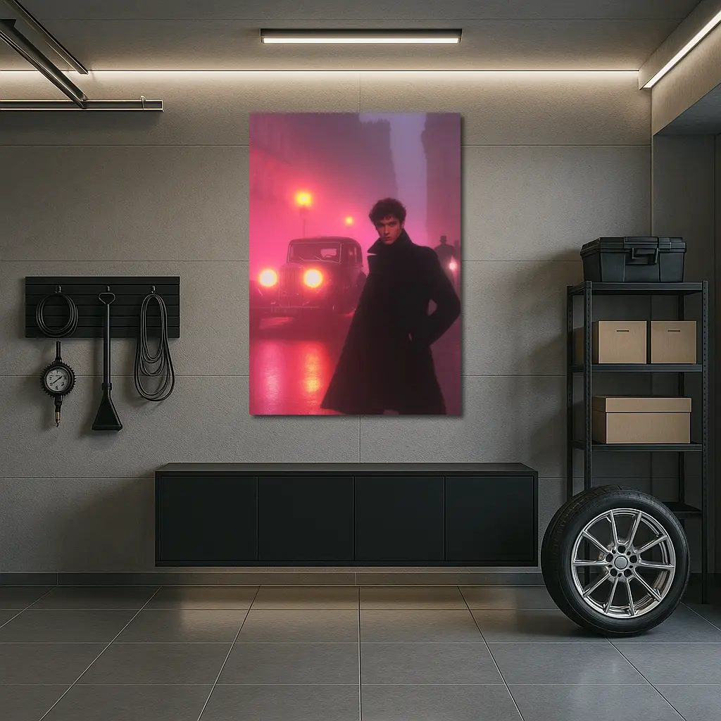 Young Man Foggy Noir City Street Night – Wall Art