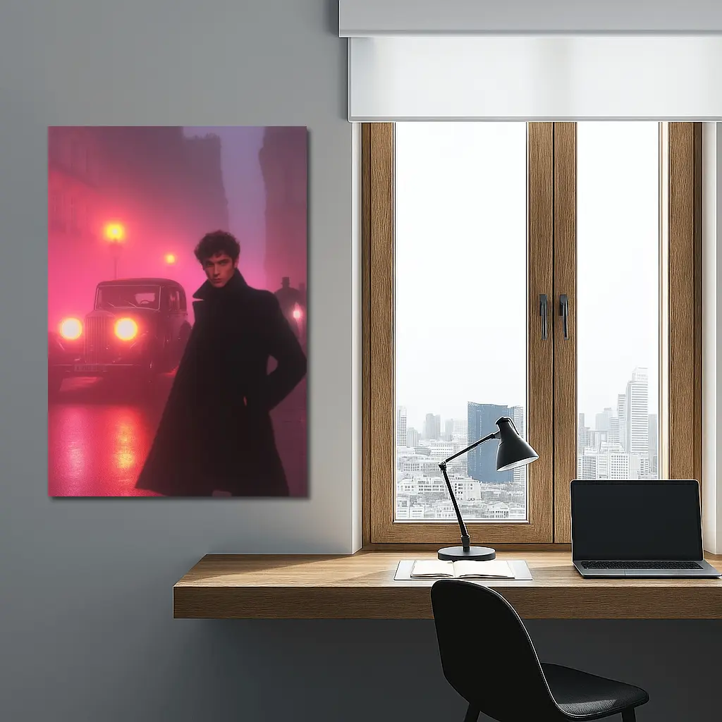 Young Man Foggy Noir City Street Night – Wall Art