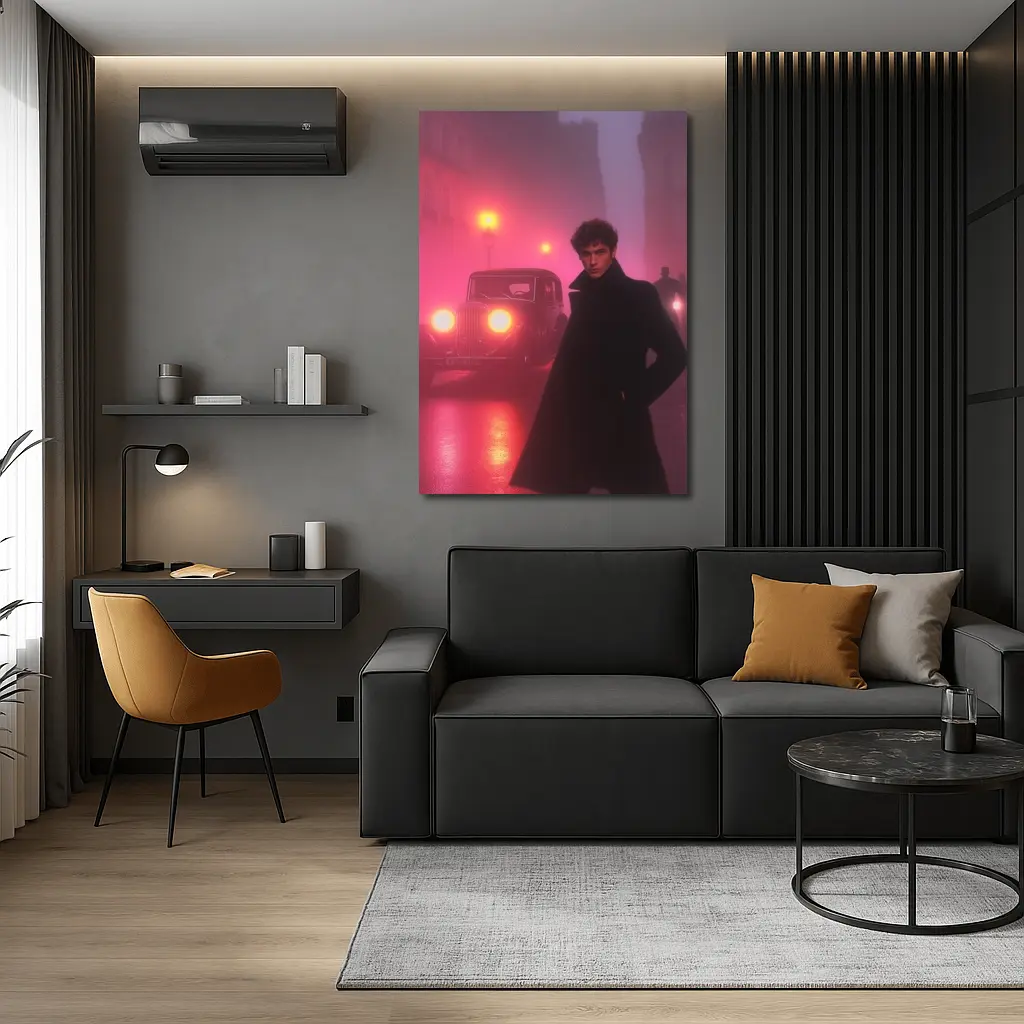 Young Man Foggy Noir City Street Night – Wall Art
