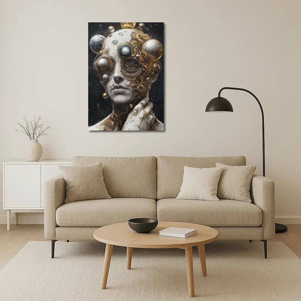 Gold Mechanical Figure Space Stars Background – Wall Art