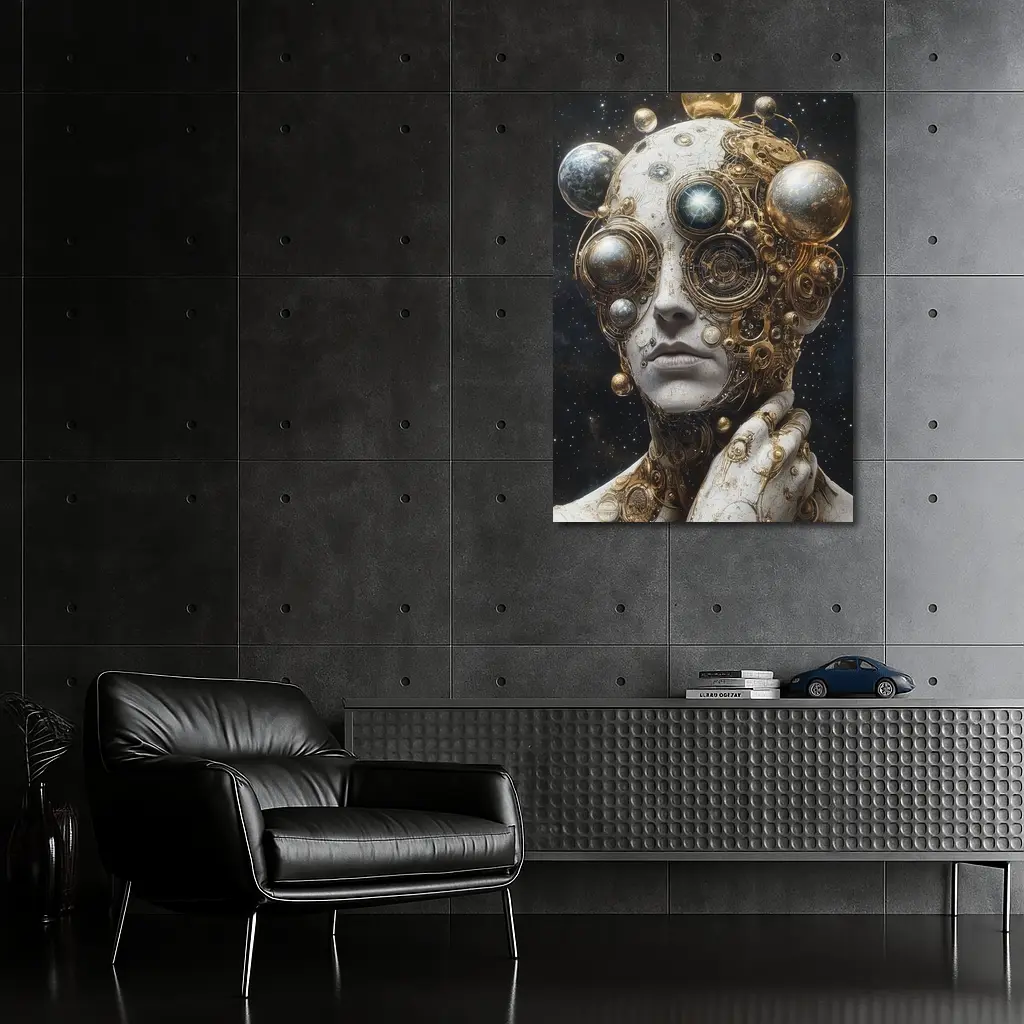 Gold Mechanical Figure Space Stars Background – Wall Art