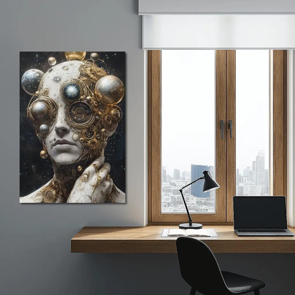 Gold Mechanical Figure Space Stars Background – Wall Art