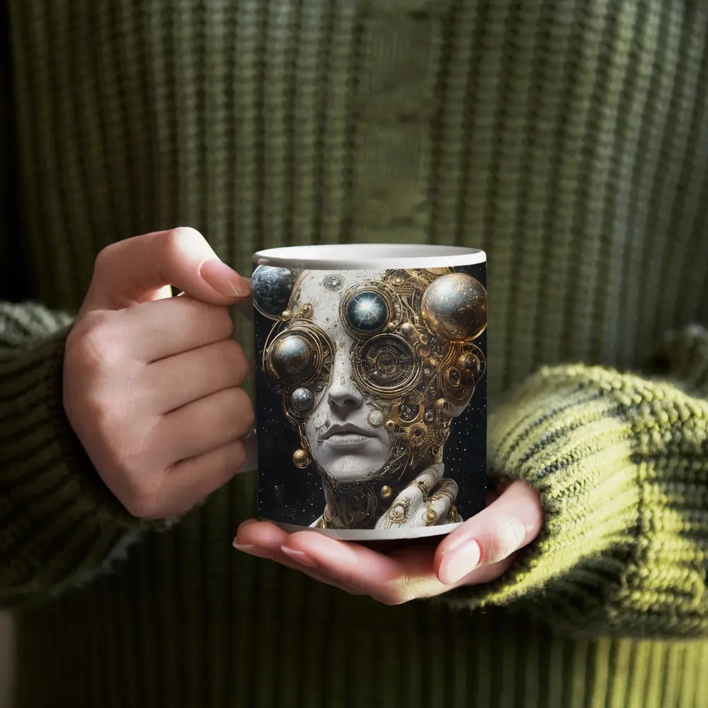 Gold Mechanical Figure Space Stars Background – Mugs