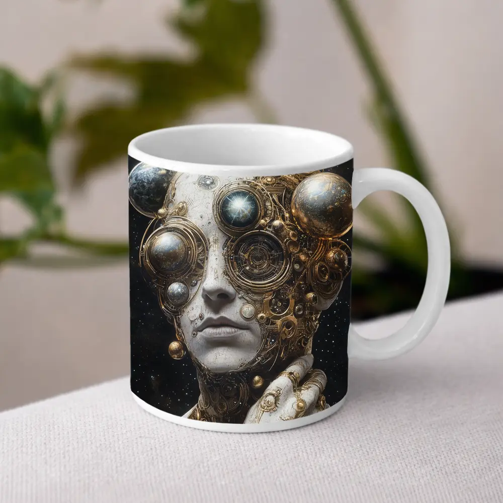 Gold Mechanical Figure Space Stars Background – Mugs
