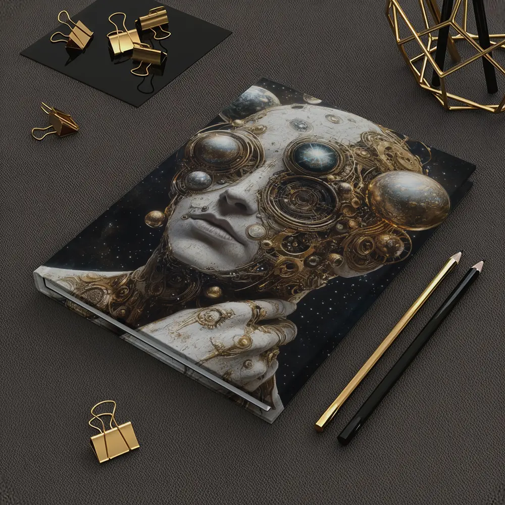 Gold Mechanical Figure Space Stars Background – Notebooks