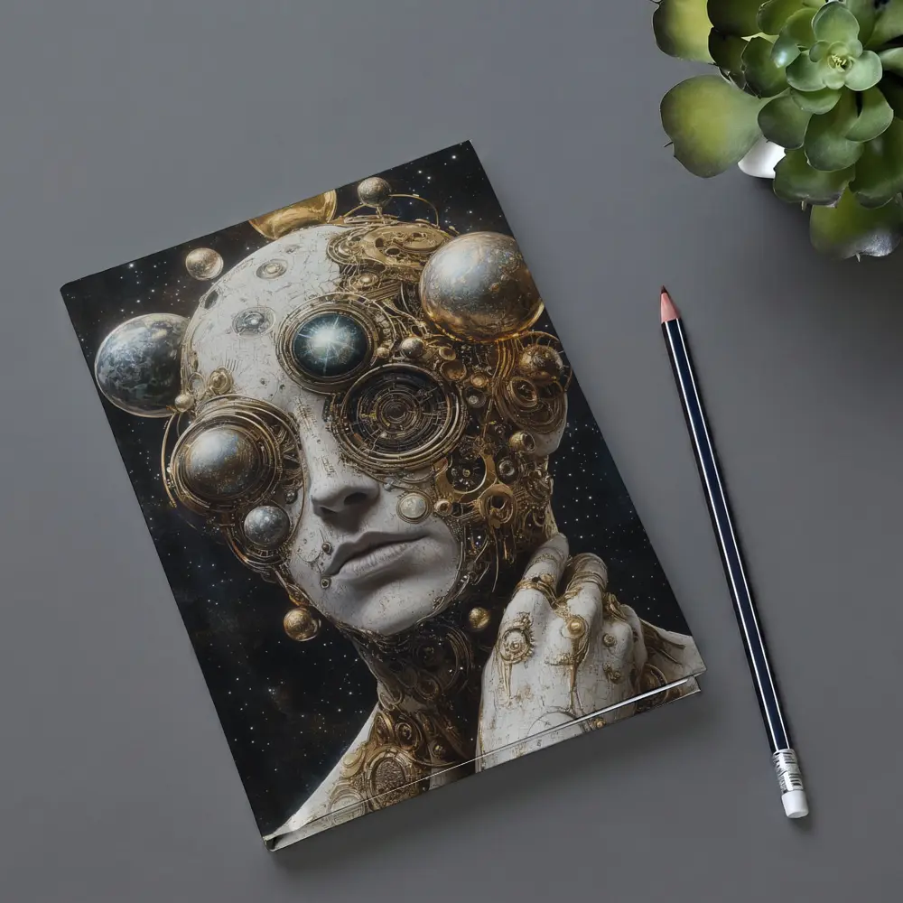 Gold Mechanical Figure Space Stars Background – Notebooks