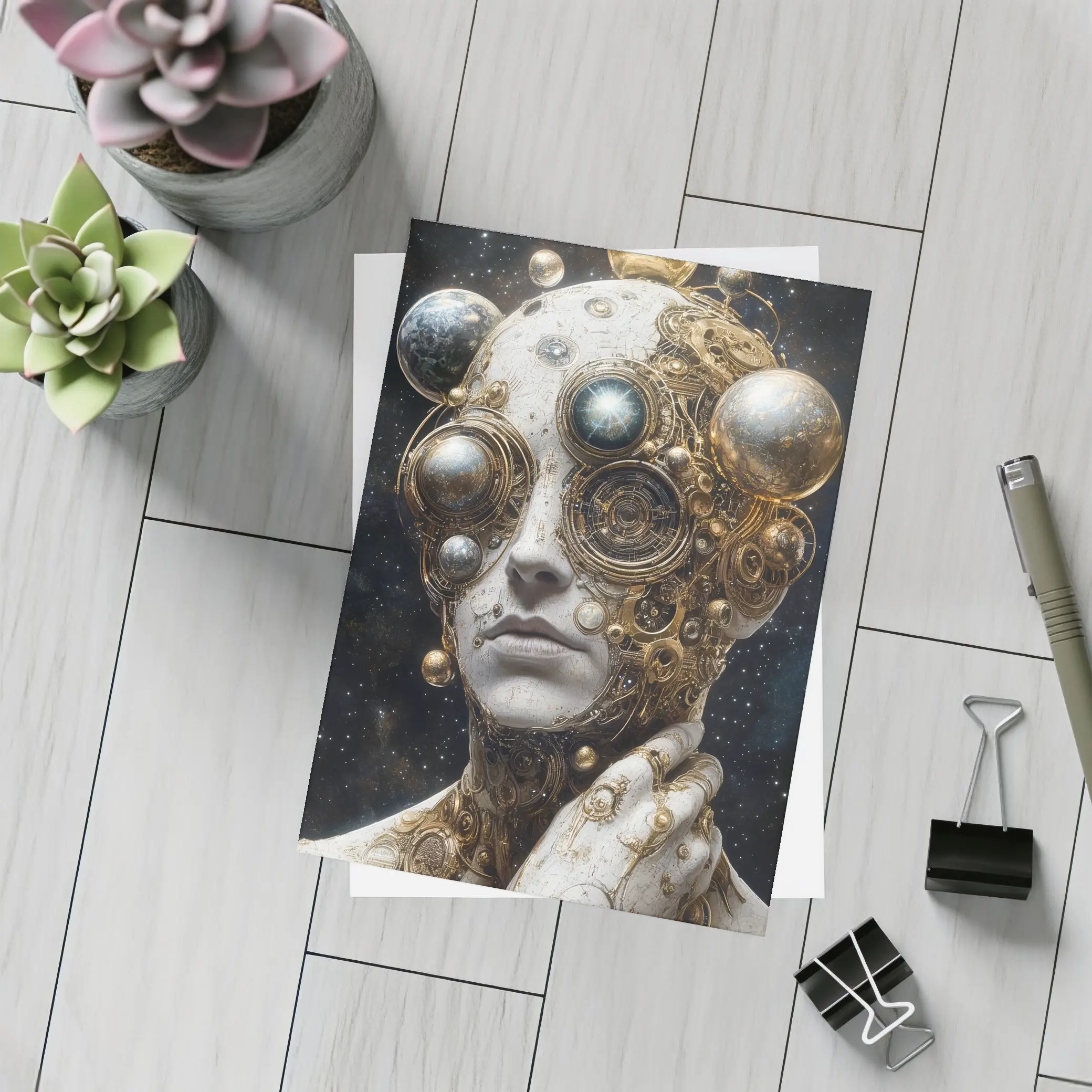 Gold Mechanical Figure Space Stars Background – Postcards