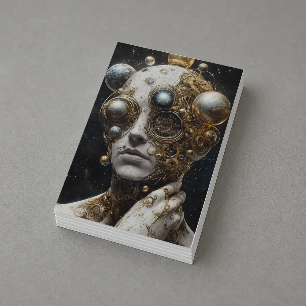 Gold Mechanical Figure Space Stars Background – Postcards