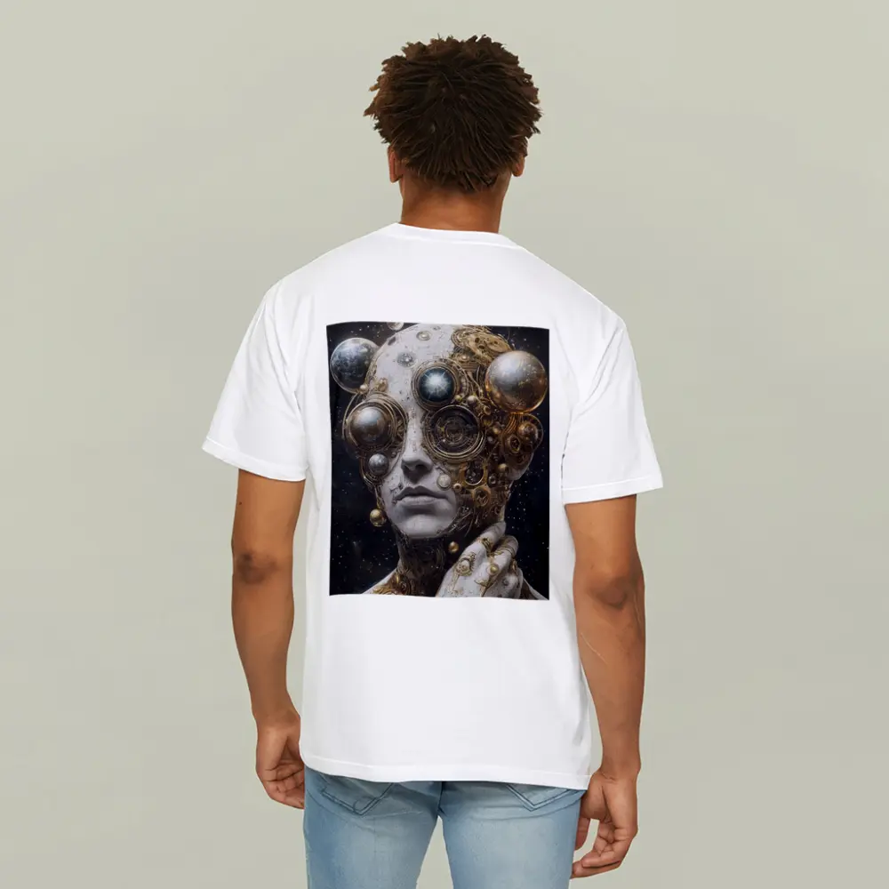 Gold Mechanical Figure Space Stars Background – T-Shirts