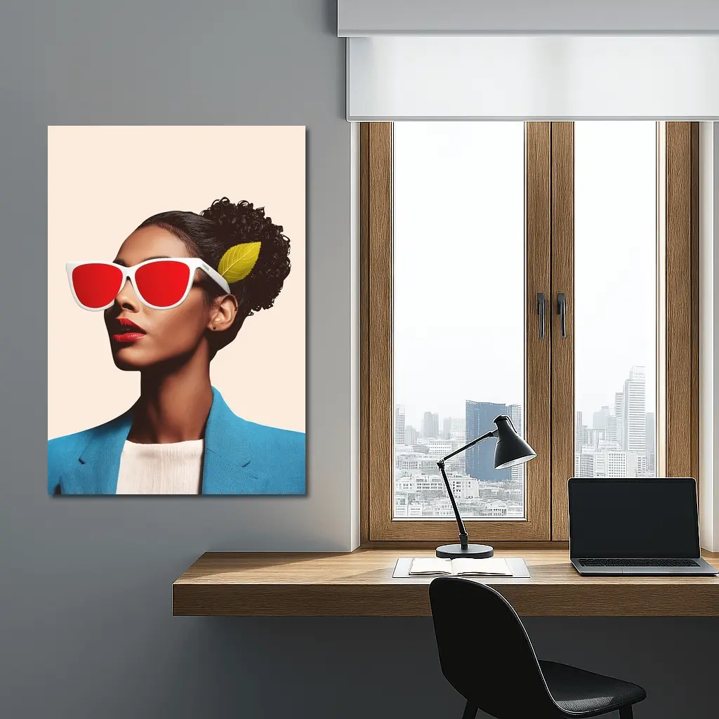 Woman Red Sunglasses Blue Jacket Leaf – Wall Art