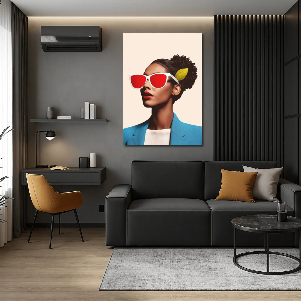Woman Red Sunglasses Blue Jacket Leaf – Wall Art