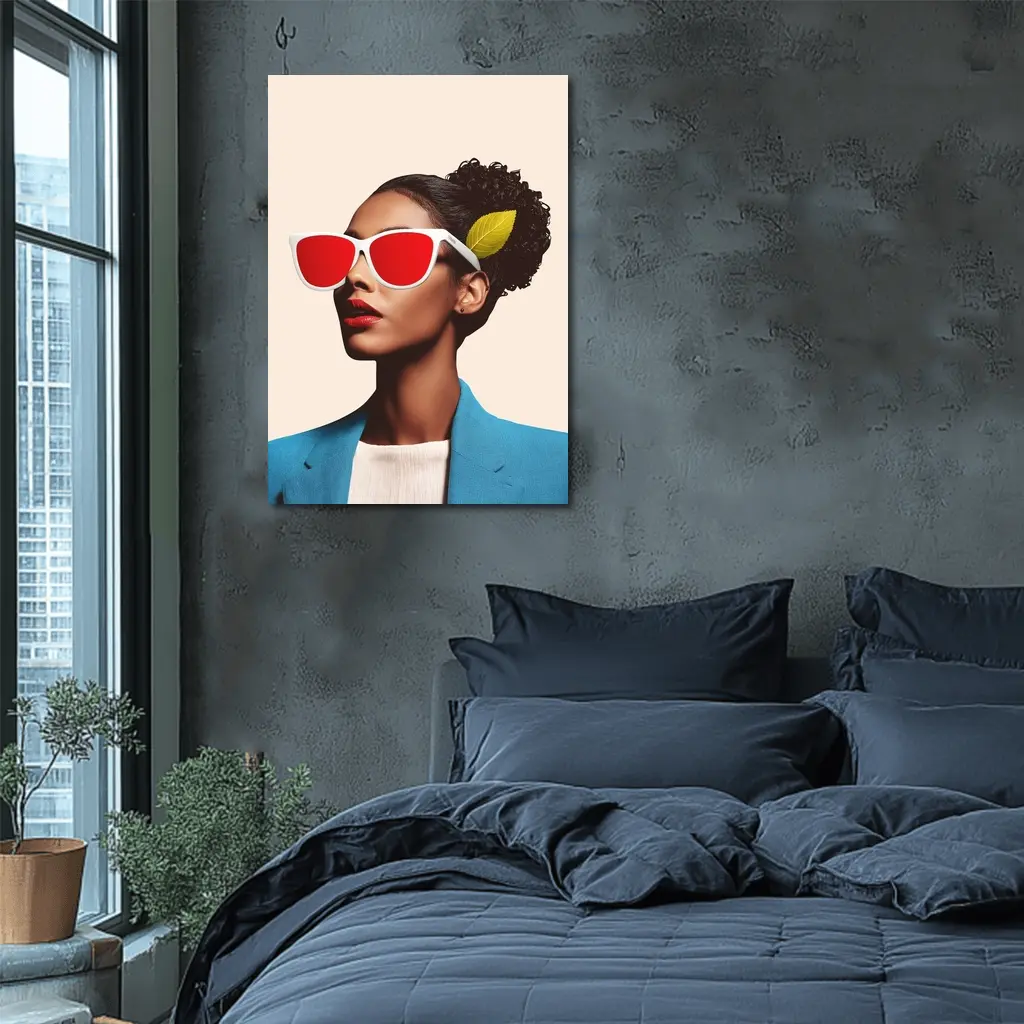 Woman Red Sunglasses Blue Jacket Leaf – Wall Art