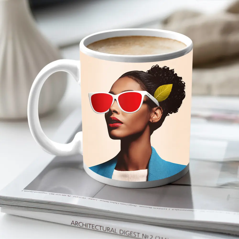Woman Red Sunglasses Blue Jacket Leaf – Mugs