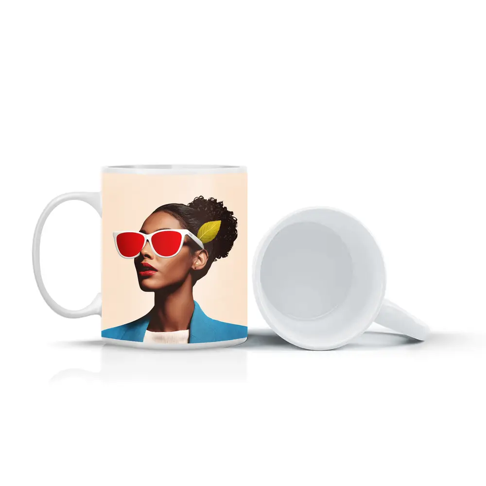 Woman Red Sunglasses Blue Jacket Leaf – Mugs