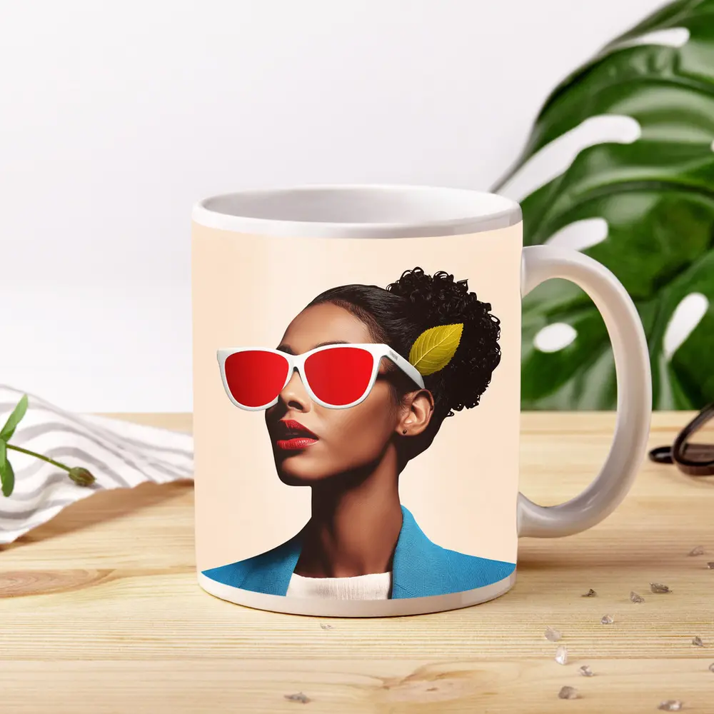 Woman Red Sunglasses Blue Jacket Leaf – Mugs