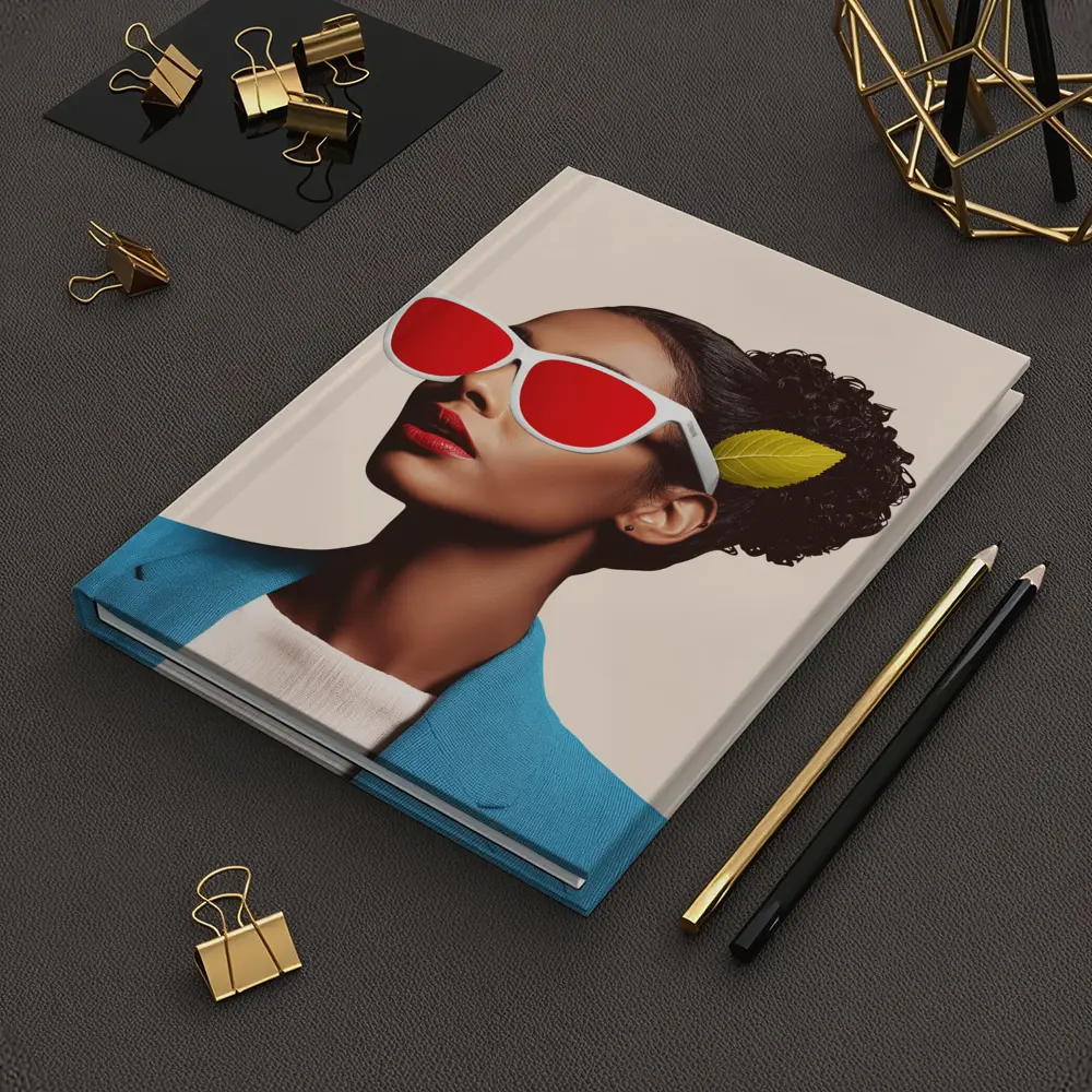 Woman Red Sunglasses Blue Jacket Leaf – Notebooks