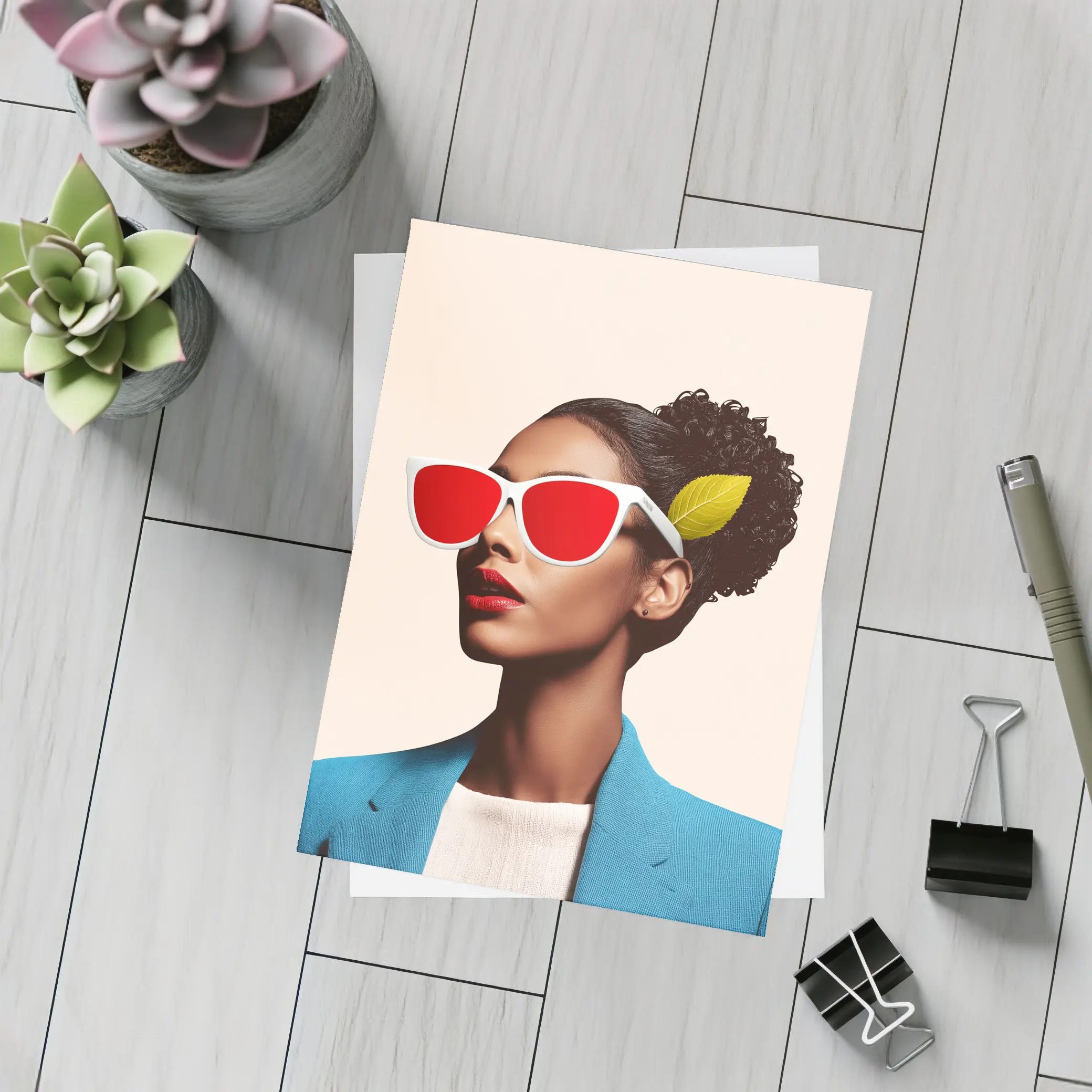 Woman Red Sunglasses Blue Jacket Leaf – Postcards