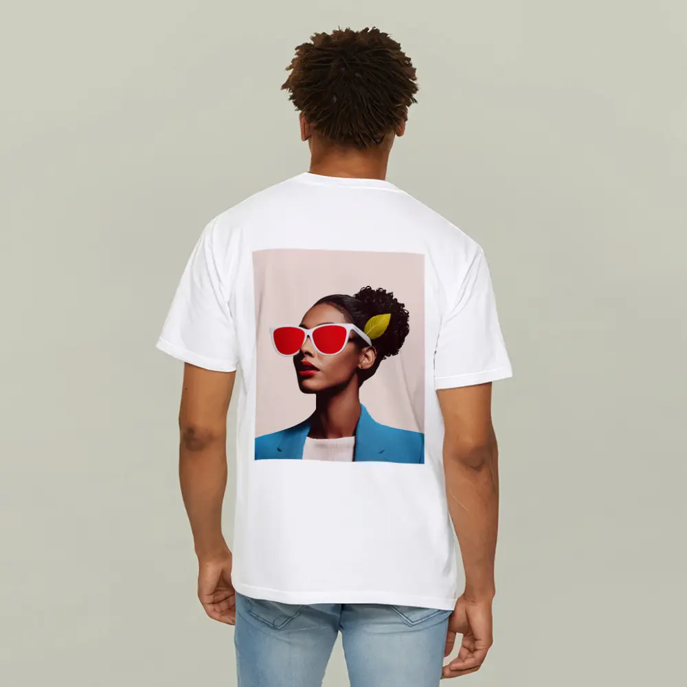 Woman Red Sunglasses Blue Jacket Leaf – T-Shirts