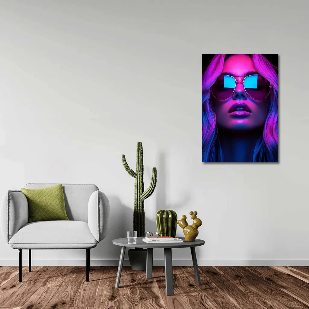 Neon Glow Woman Aviator Sunglasses Dark Background – Wall Art