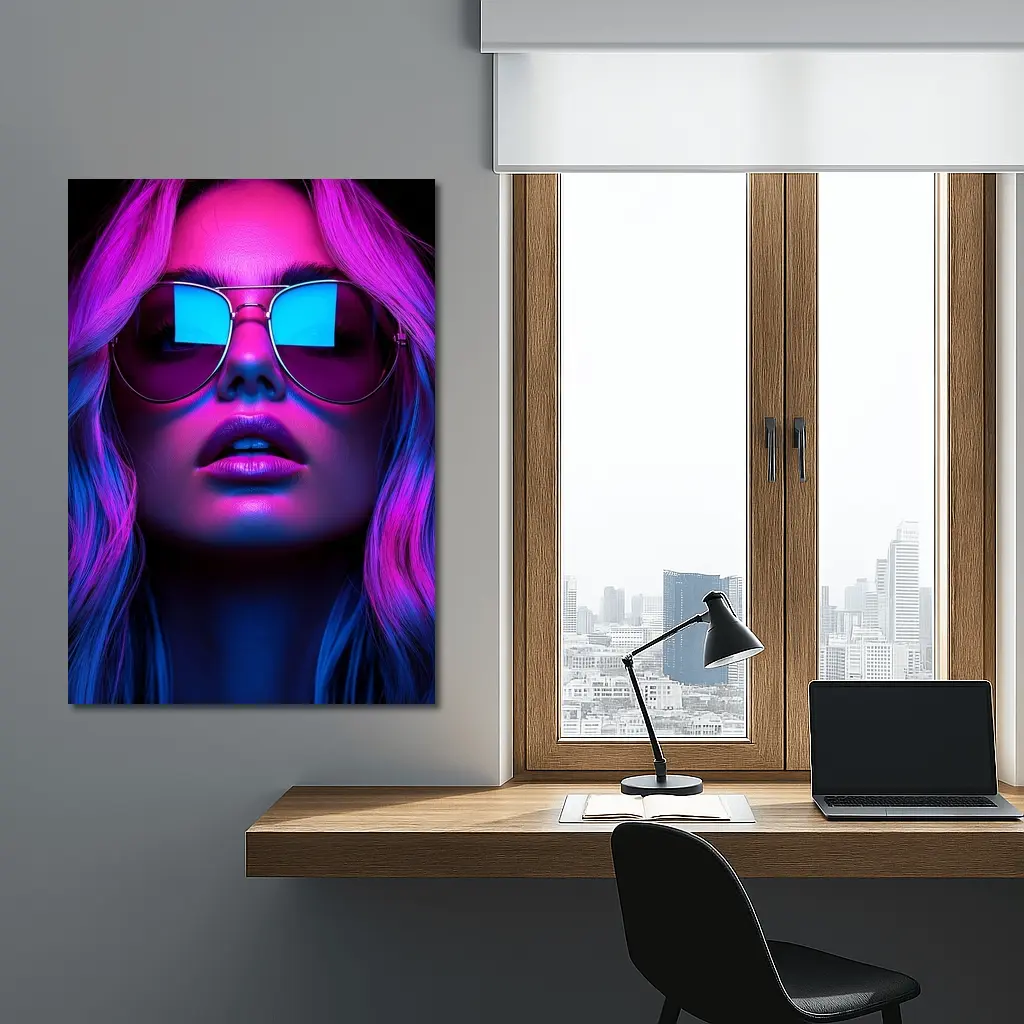 Neon Glow Woman Aviator Sunglasses Dark Background – Wall Art