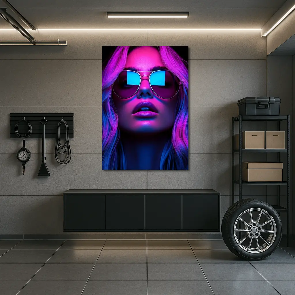 Neon Glow Woman Aviator Sunglasses Dark Background – Wall Art