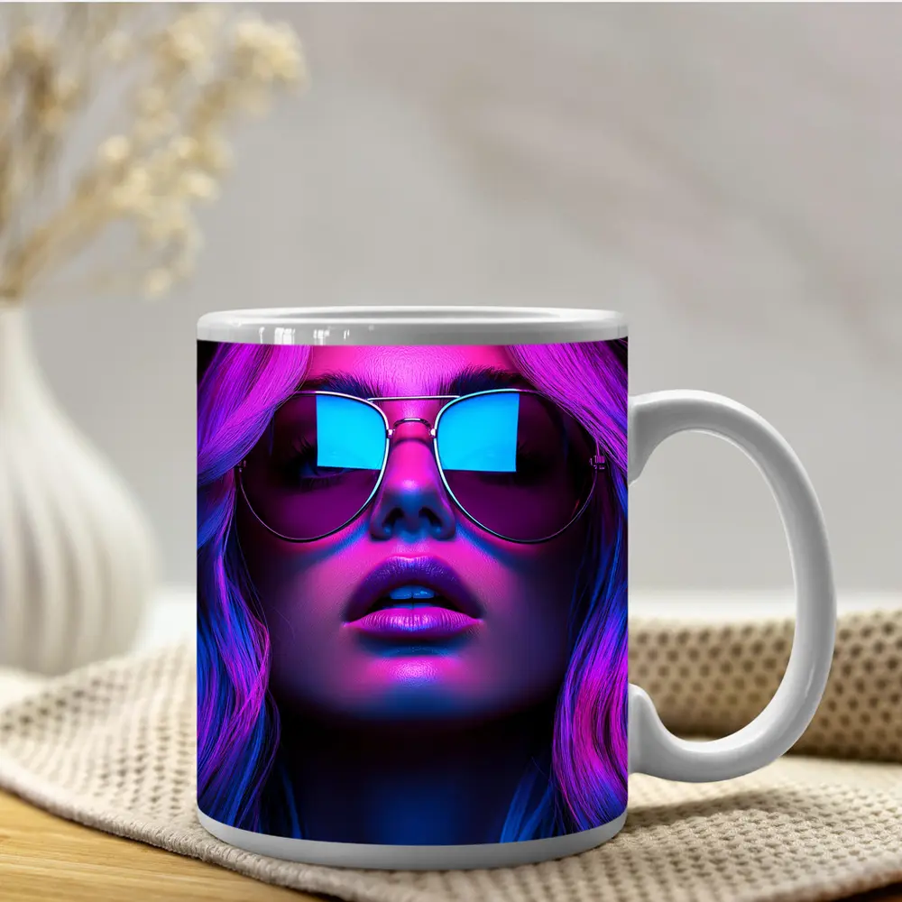 Neon Glow Woman Aviator Sunglasses Dark Background – Mugs