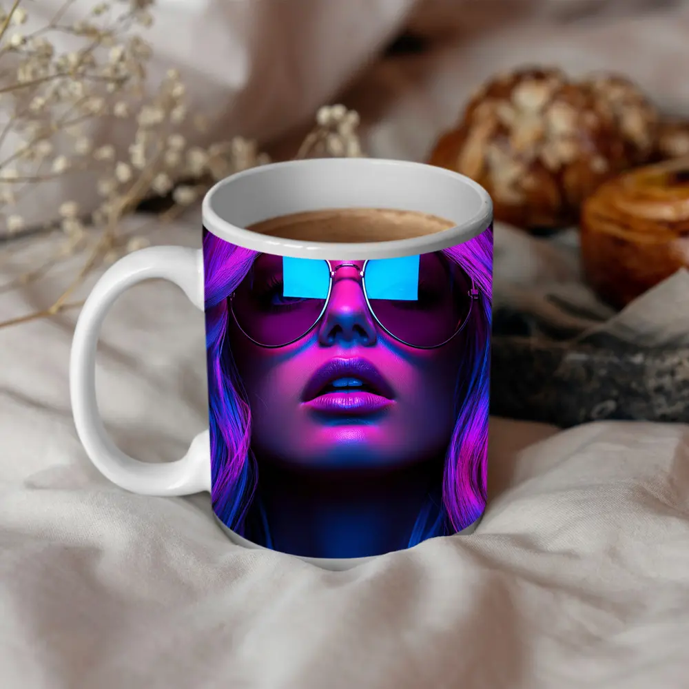 Neon Glow Woman Aviator Sunglasses Dark Background – Mugs