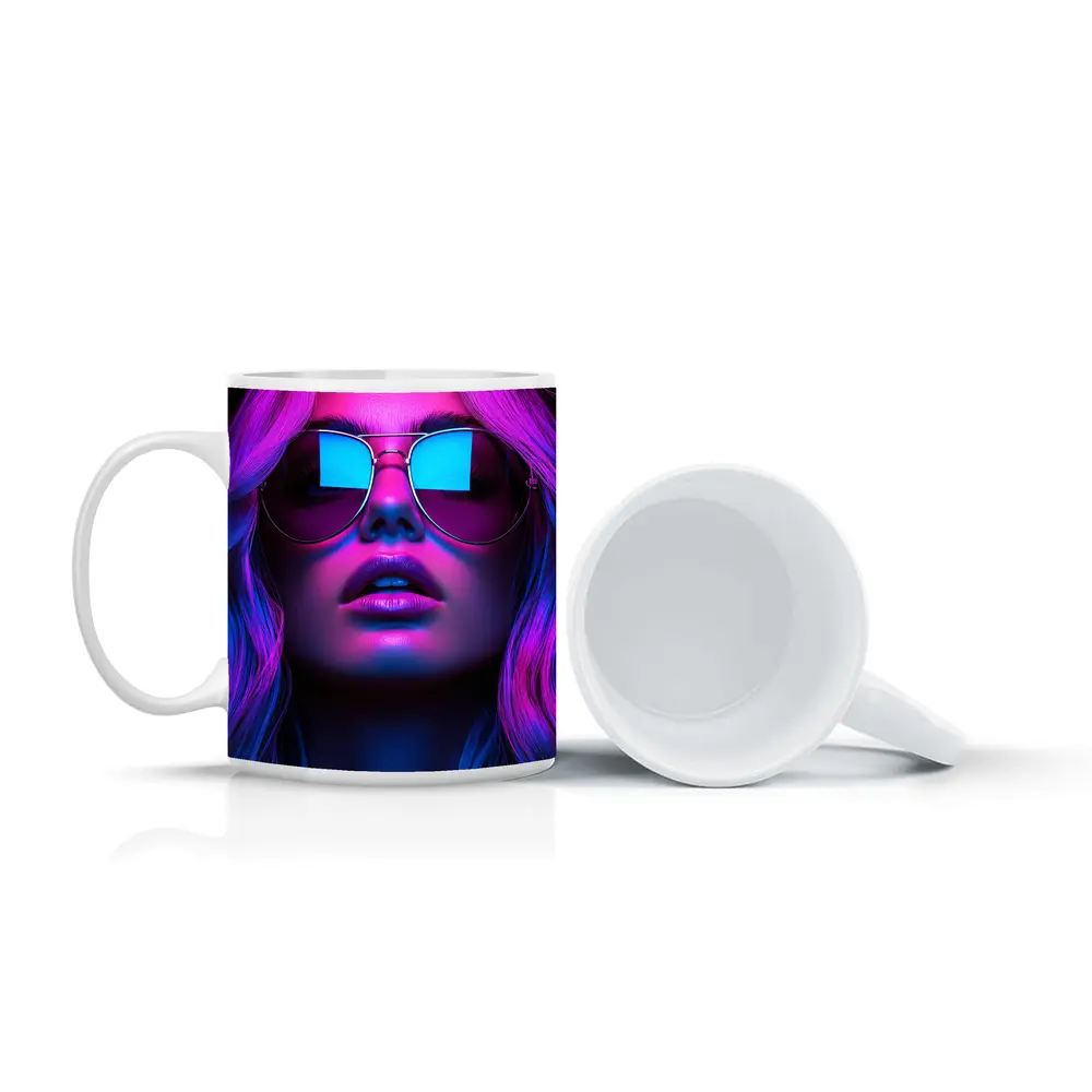 Neon Glow Woman Aviator Sunglasses Dark Background – Mugs