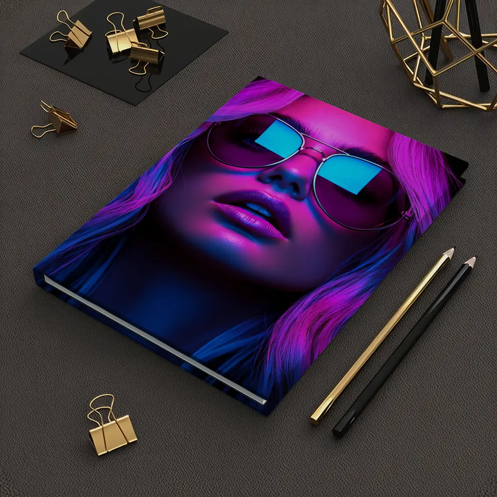 Neon Glow Woman Aviator Sunglasses Dark Background – Notebooks