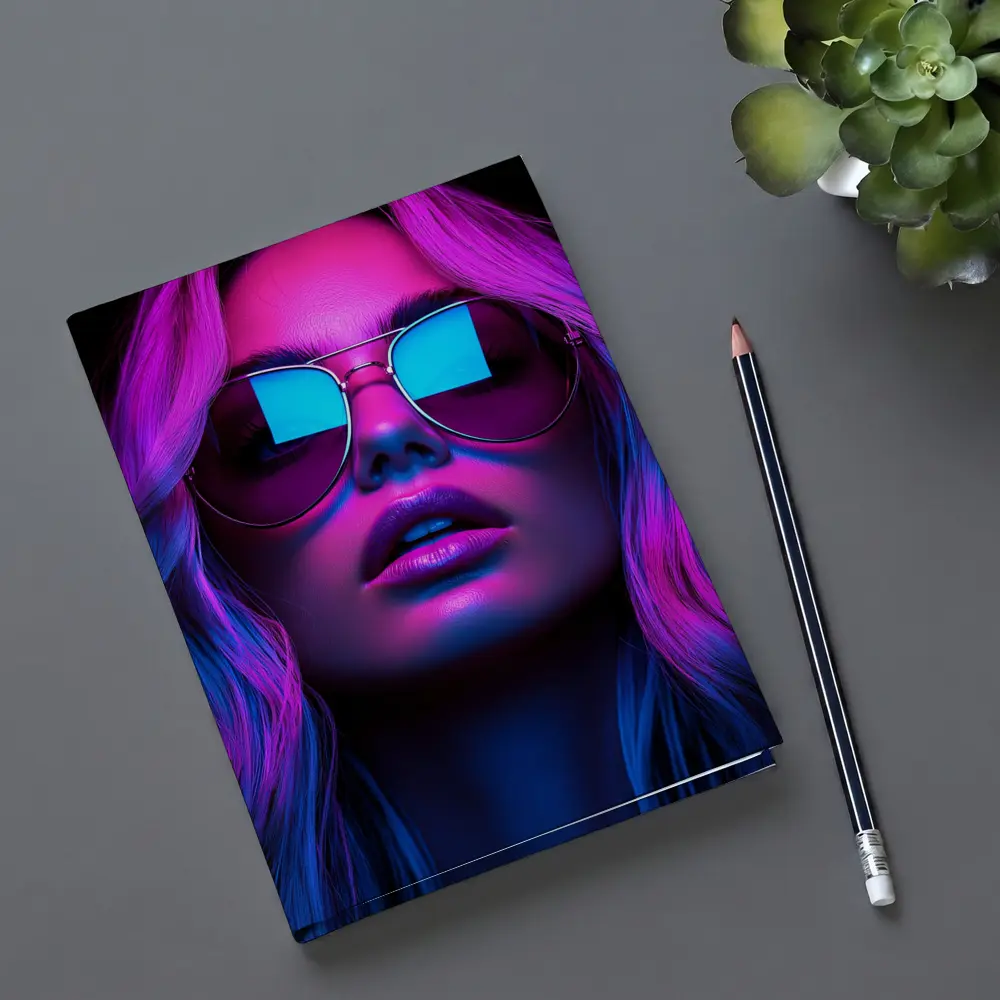 Neon Glow Woman Aviator Sunglasses Dark Background – Notebooks