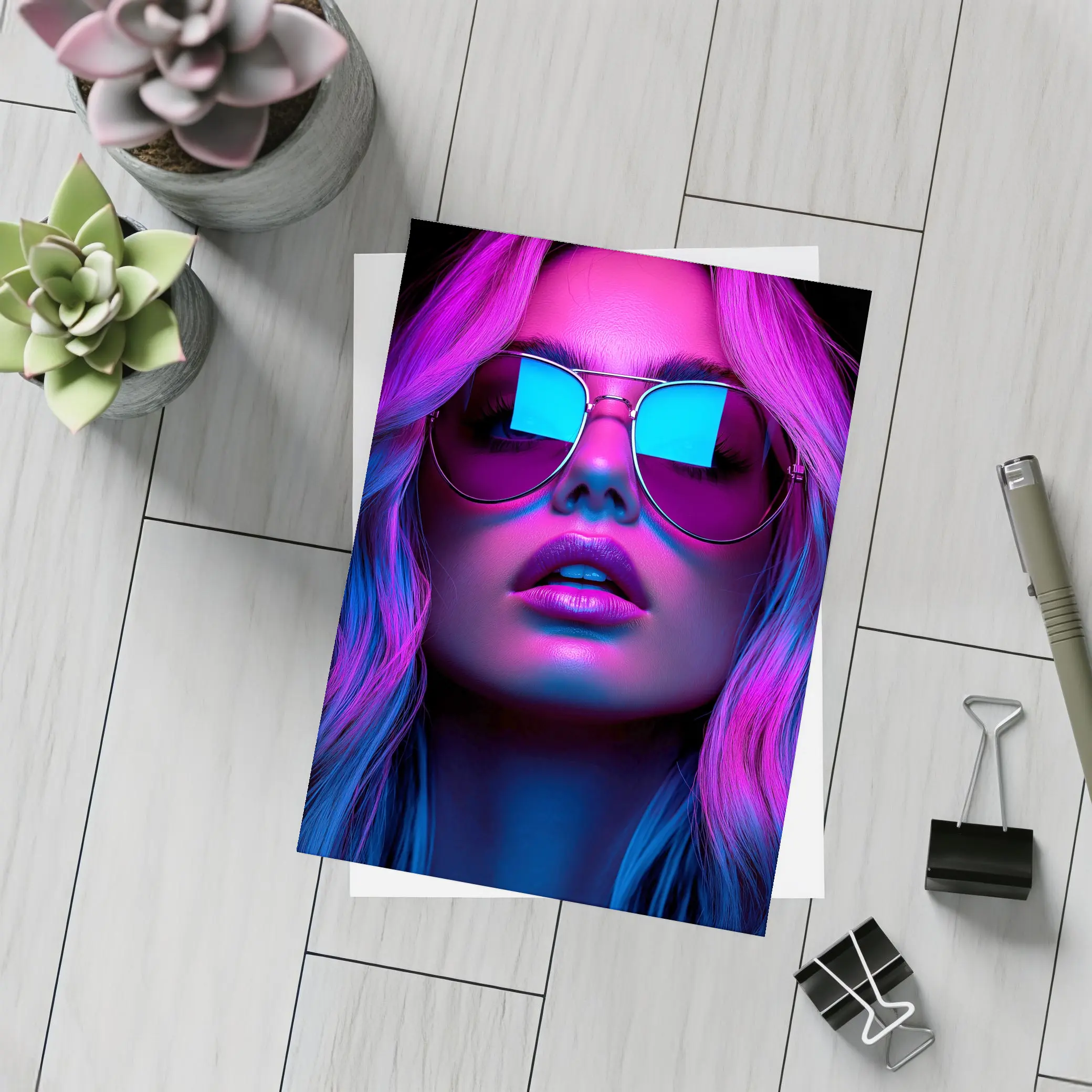 Neon Glow Woman Aviator Sunglasses Dark Background – Postcards