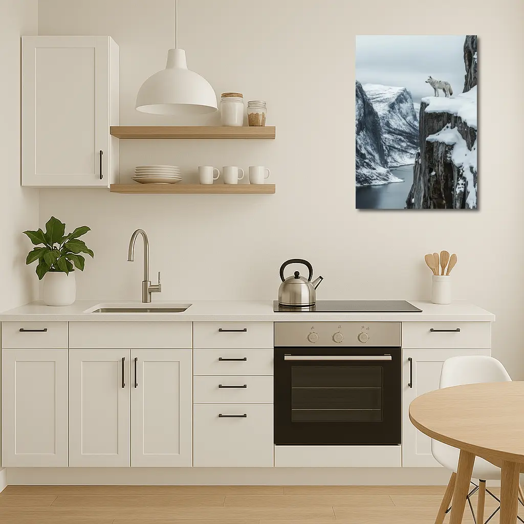 White Wolf Standing On Snowy Cliff – Wall Art