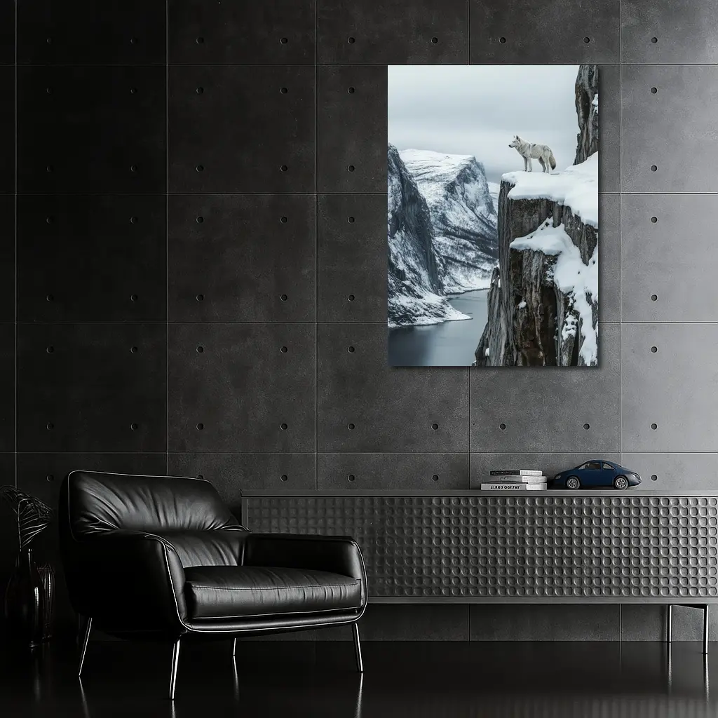 White Wolf Standing On Snowy Cliff – Wall Art