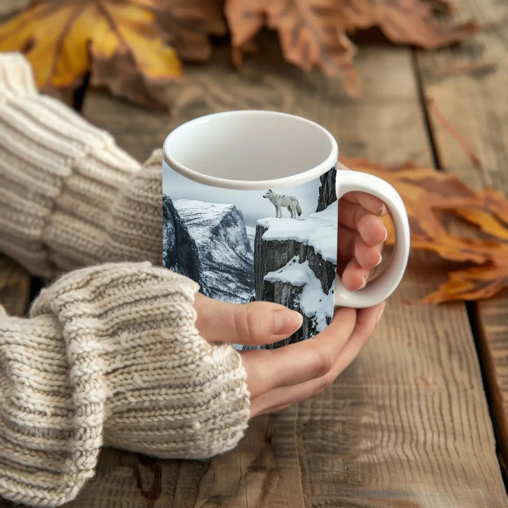 White Wolf Standing On Snowy Cliff – Mugs