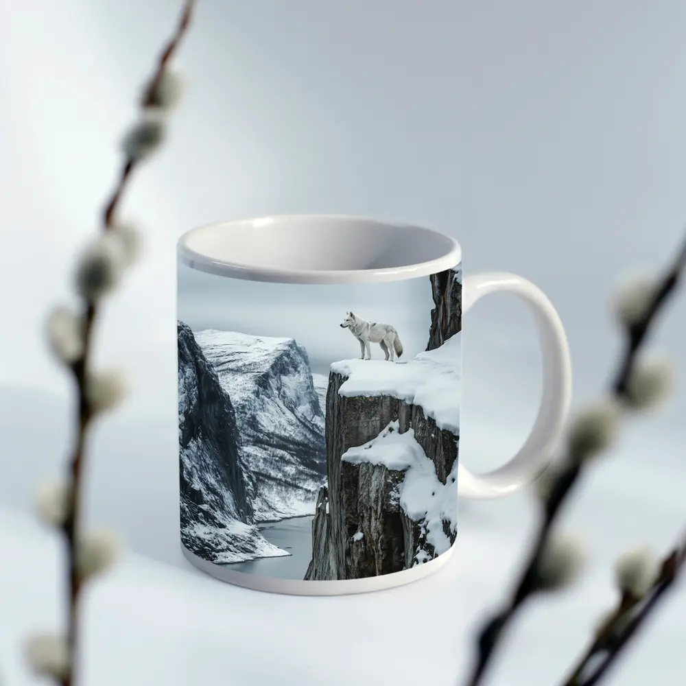 White Wolf Standing On Snowy Cliff – Mugs