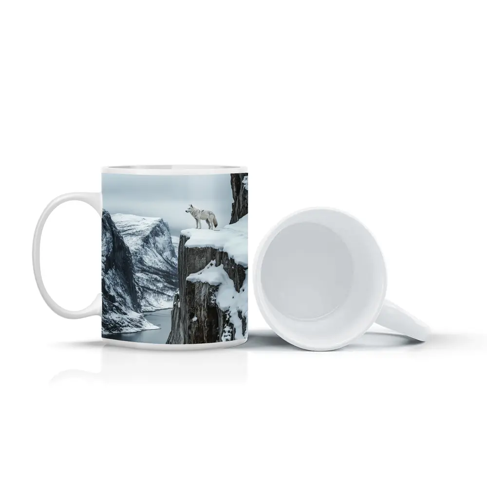 White Wolf Standing On Snowy Cliff – Mugs
