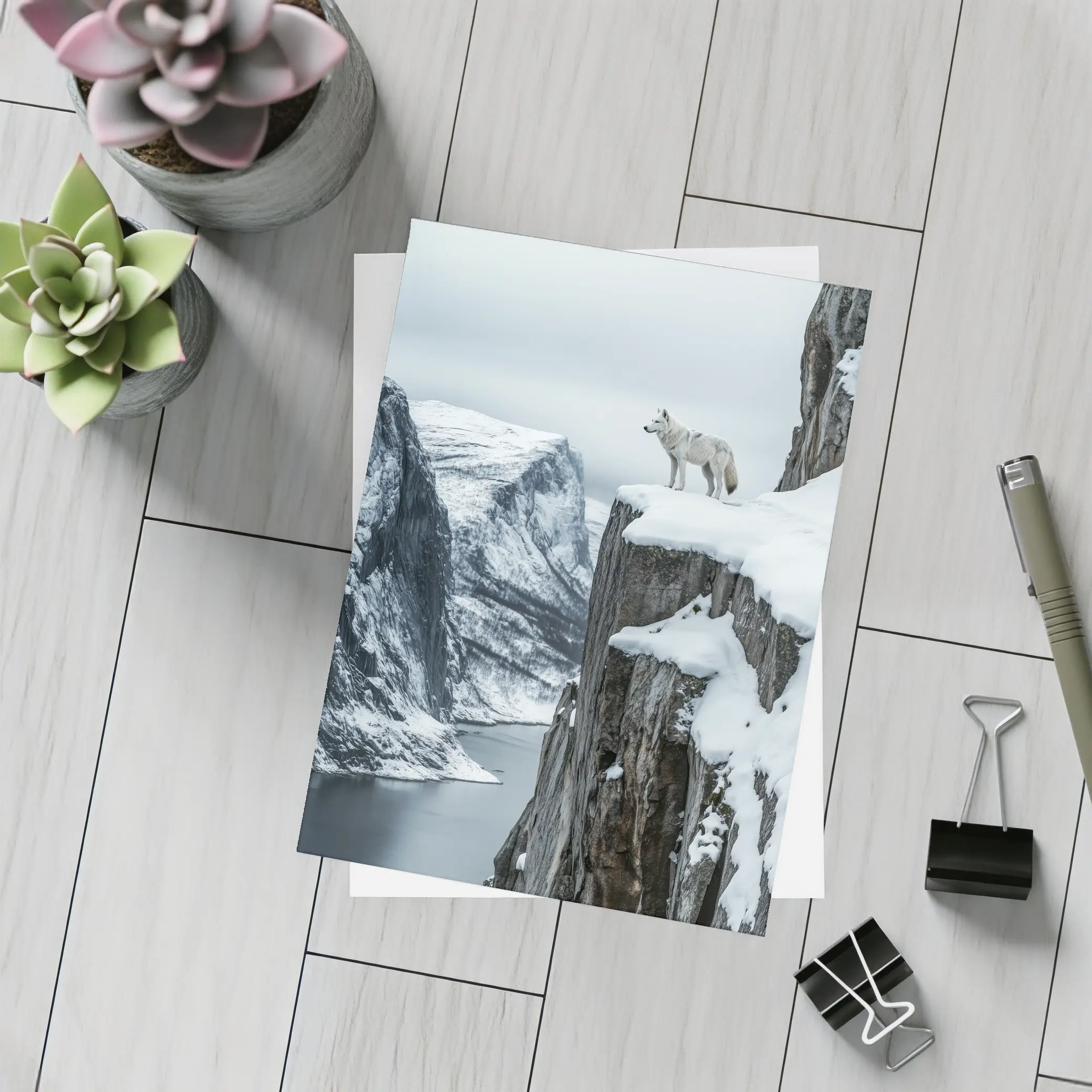 White Wolf Standing On Snowy Cliff – Postcards