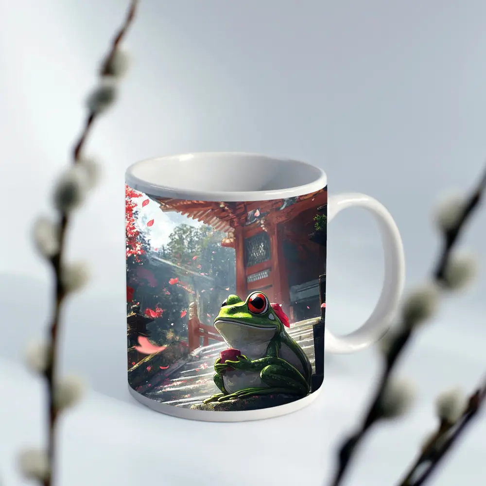 Green Tree Frog Sitting Japanese Temple – Mugs