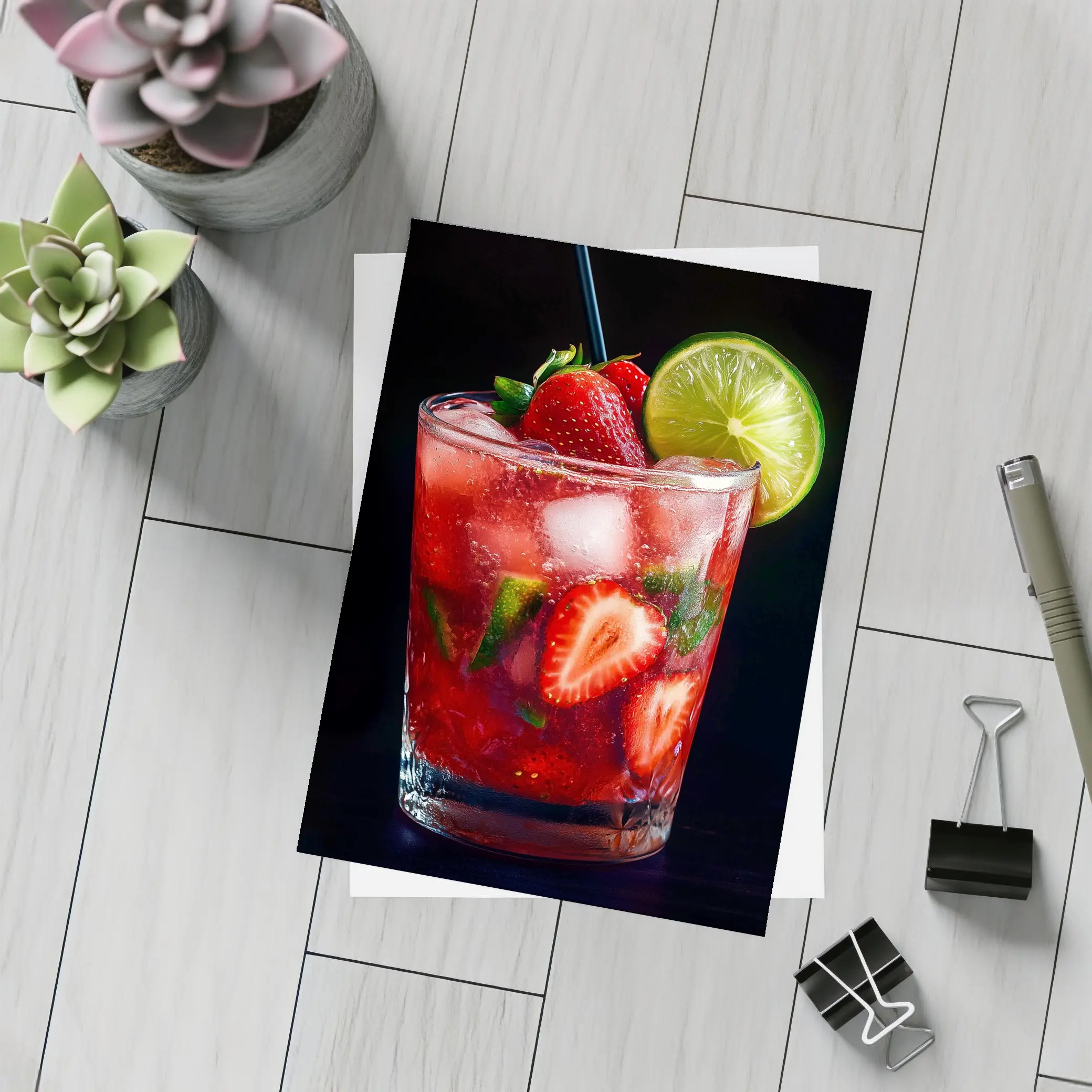 Strawberry Mojito Cocktail Dark Background – Postcards
