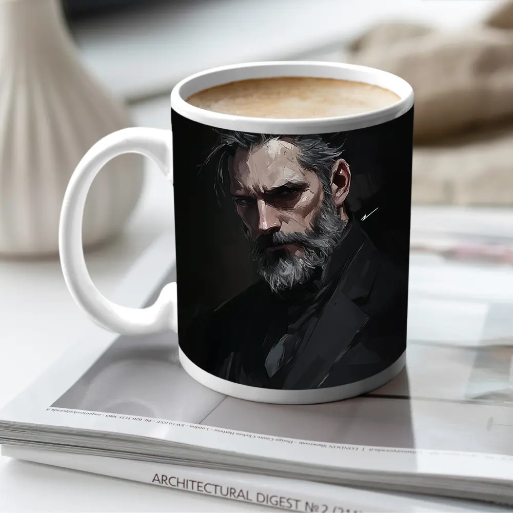 Dark Portrait Bearded Man Digital Painting – Mugs
