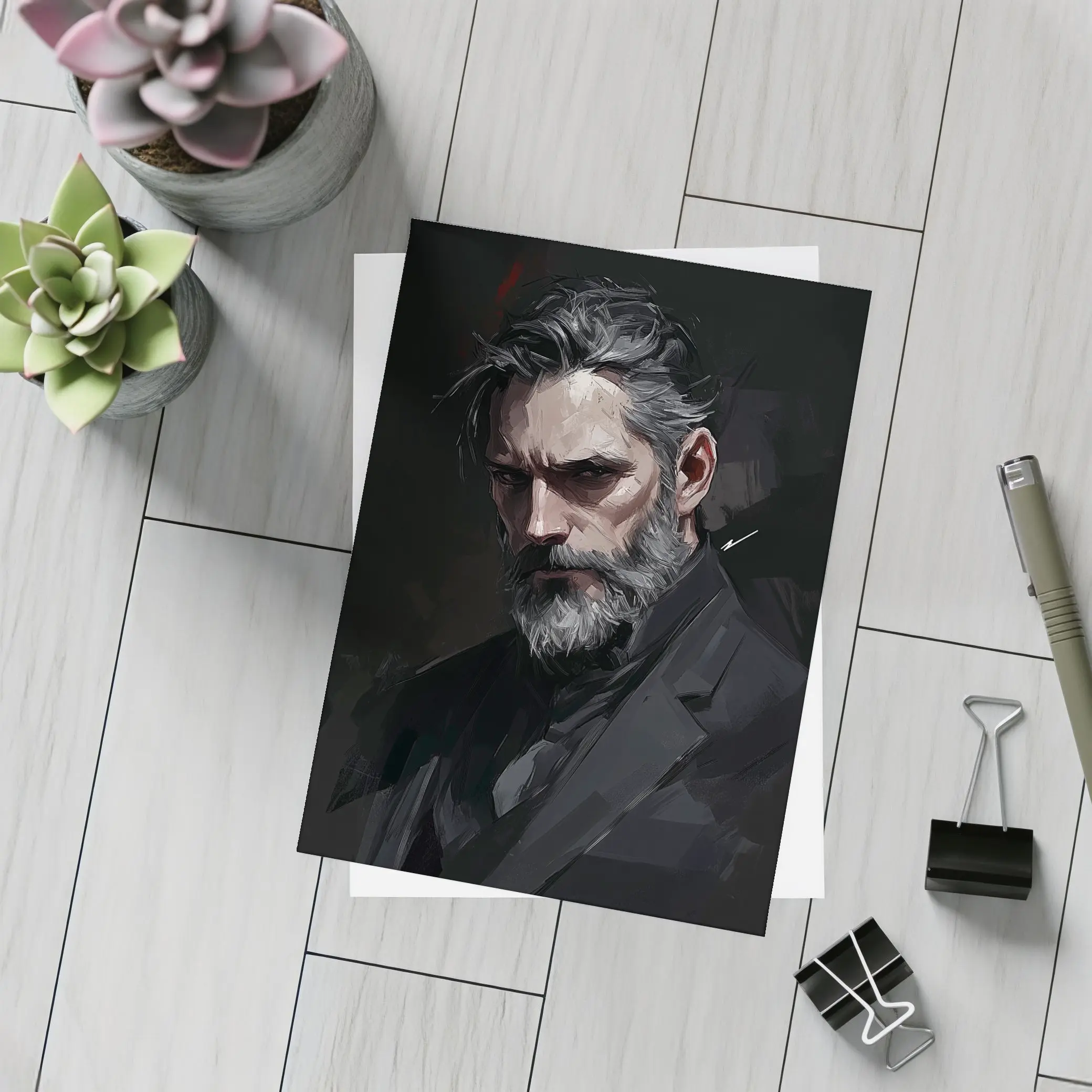 Dark Portrait Bearded Man Digital Painting – Postcards