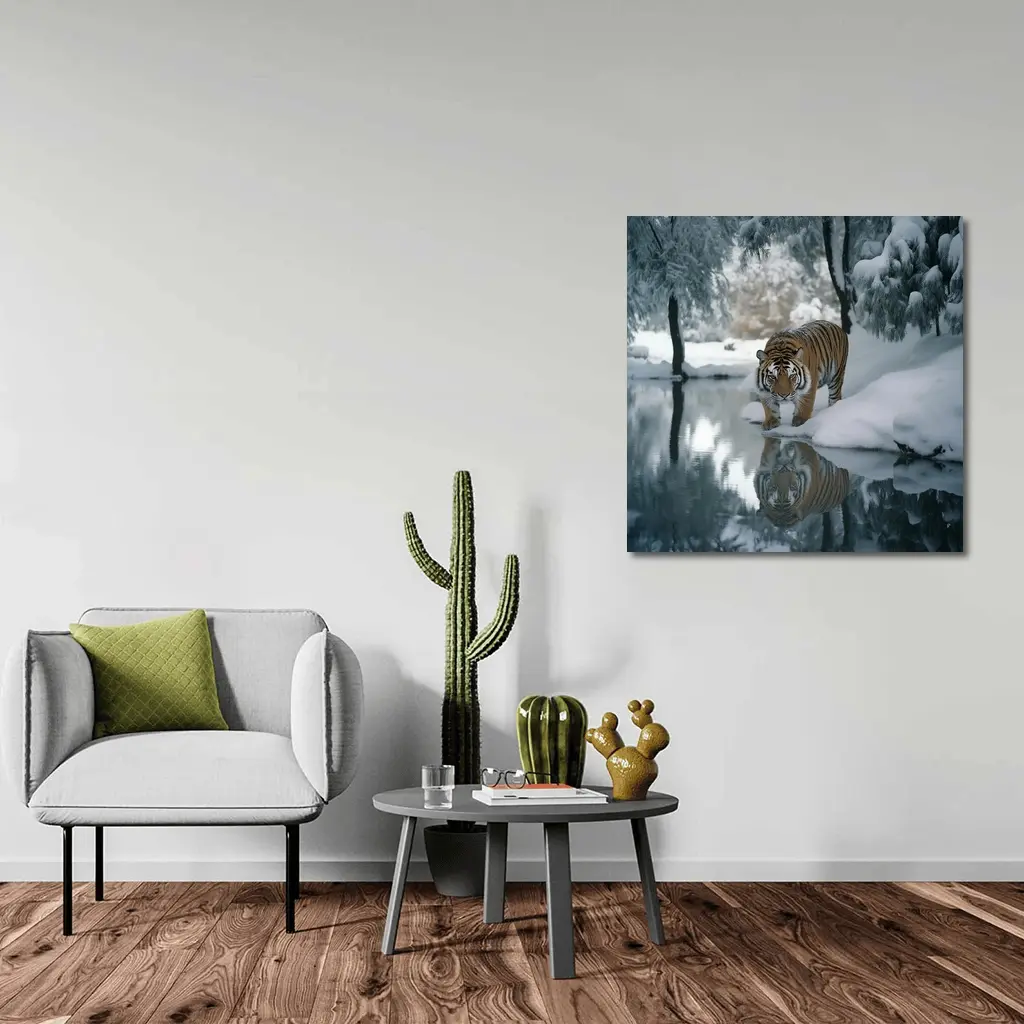Amur Tiger Walking By Snowy Winter River – Wall Art