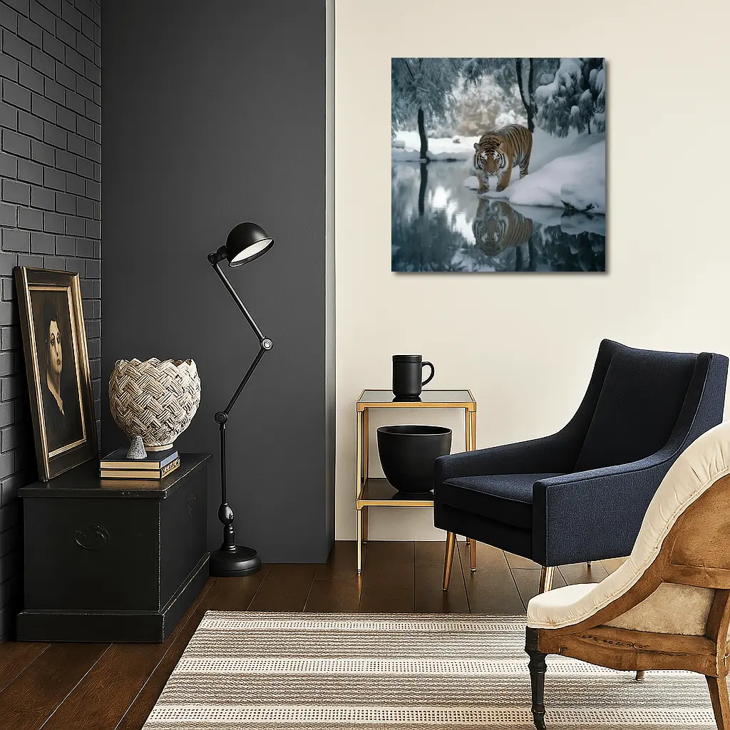 Amur Tiger Walking By Snowy Winter River – Wall Art