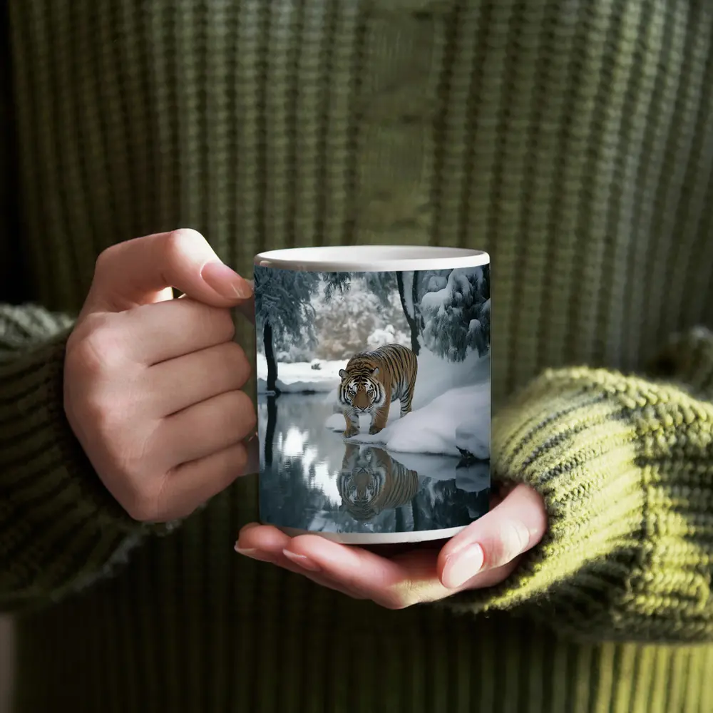 Amur Tiger Walking By Snowy Winter River – Mugs