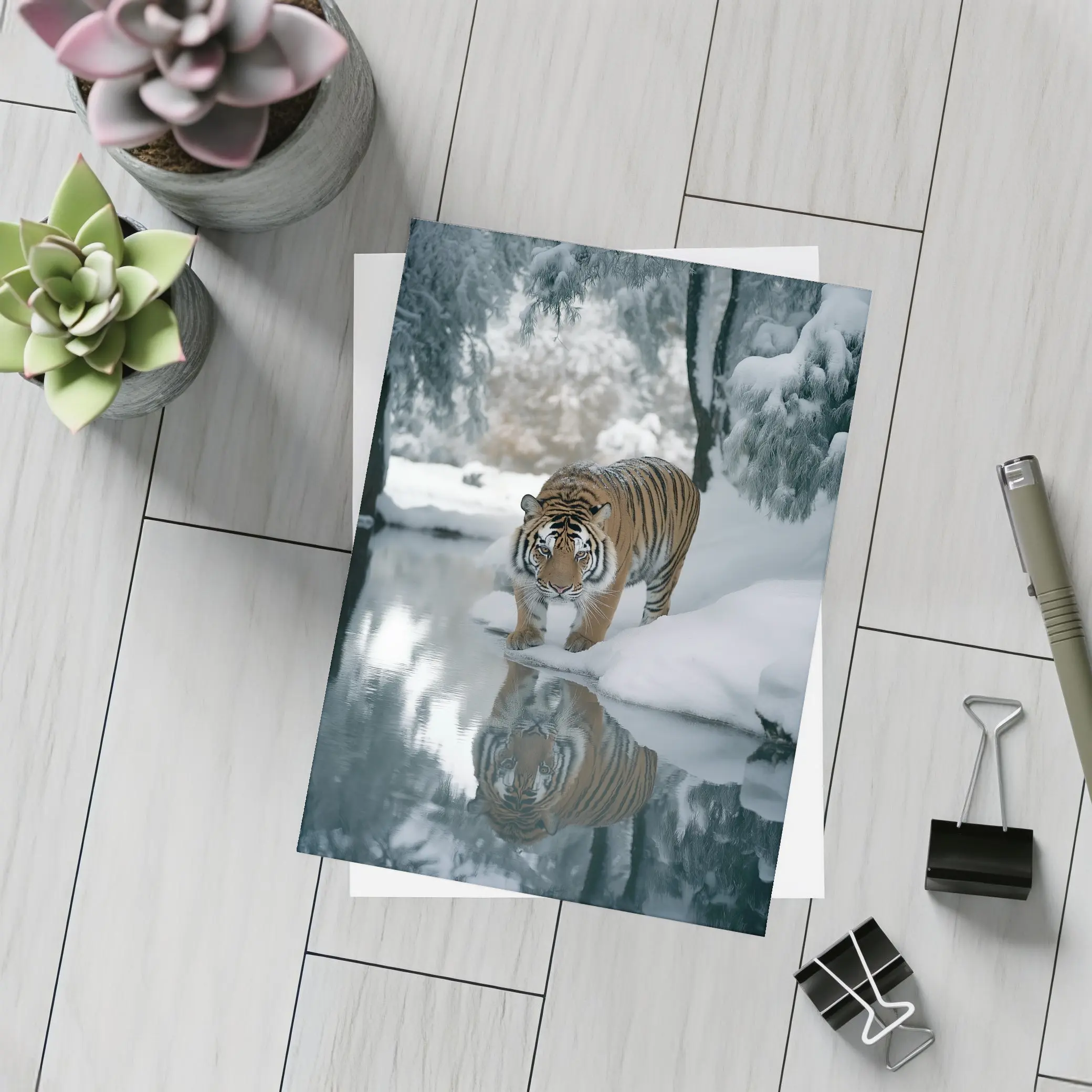 Amur Tiger Walking By Snowy Winter River – Postcards