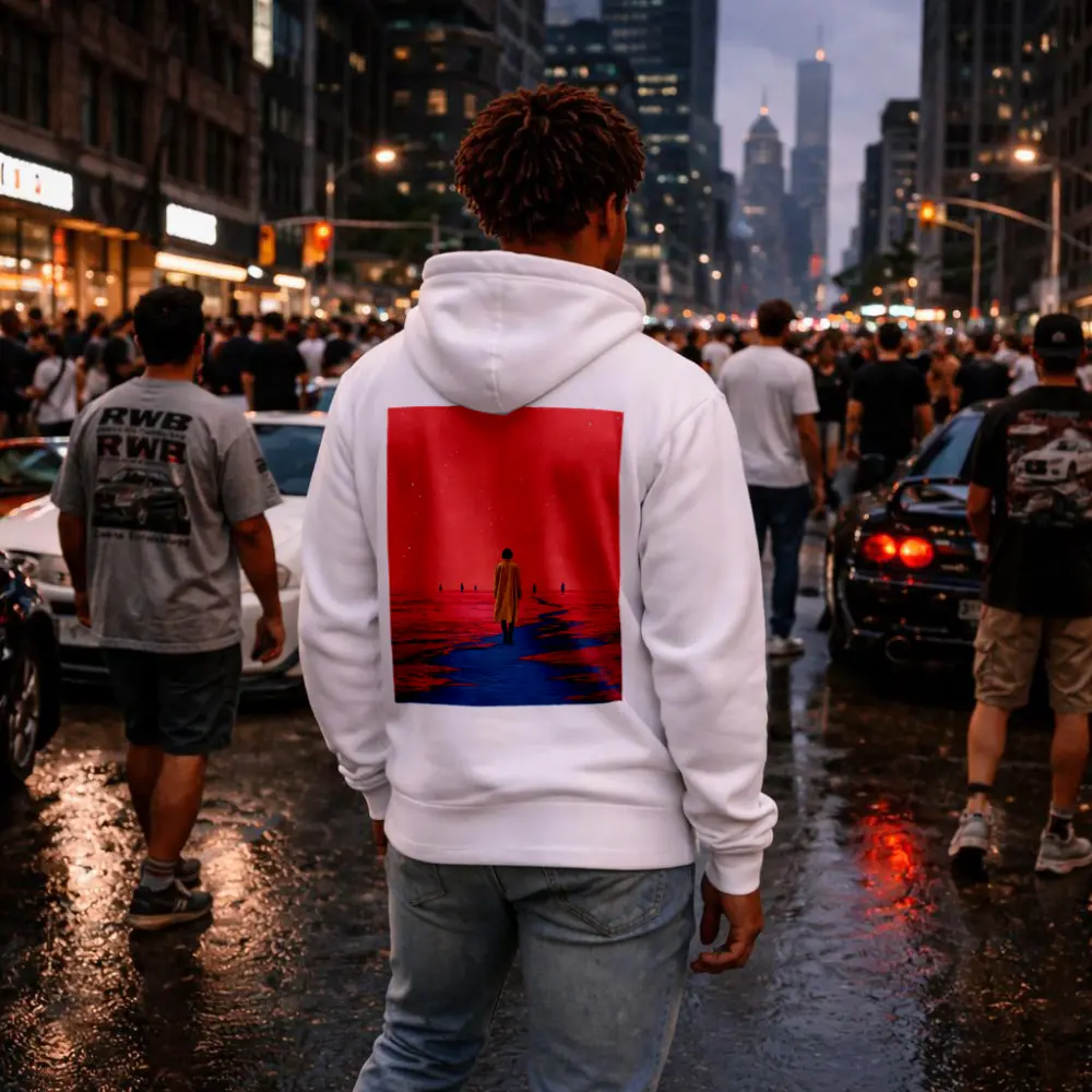 Lone Figure Red Sky Surreal Landscape Art – Hoodies