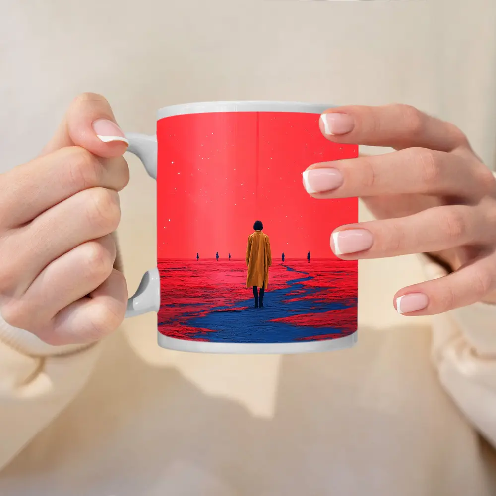 Lone Figure Red Sky Surreal Landscape Art – Mugs
